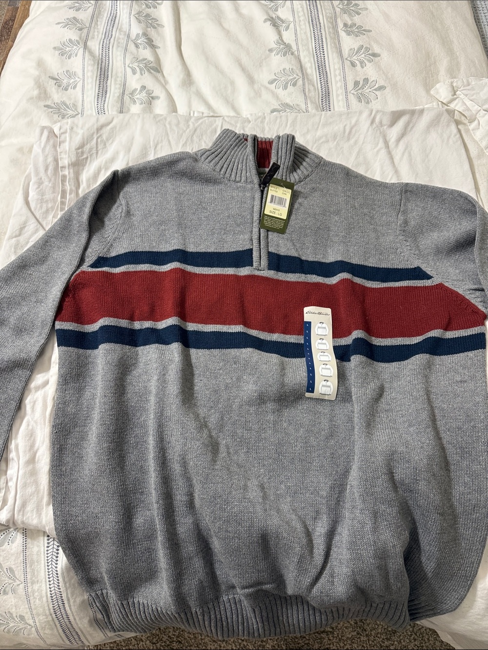 Eddie Bauer Gray Quarter-Zip Sweater with Red and Navy Stripes